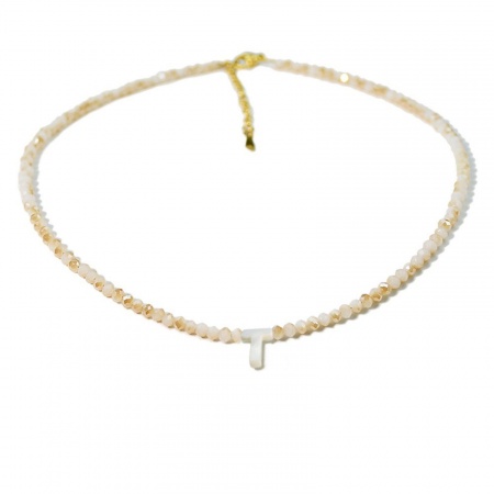 Picture of Wholesale Capital Alphabet Initial Letter Message " T " Creamy-White Natural Shell Beaded Pendant Charm Necklace, 18K Gold Plated 304 Stainless Steel & Quartz Crystal, Women's Eco-friendly Exquisite Dainty Gift Jewelry For Retailer 38cm(15") + 5cm(2") long, 1 Piece