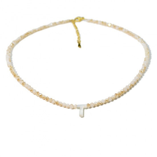 Picture of Wholesale Capital Alphabet Initial Letter Message " T " Creamy-White Natural Shell Beaded Pendant Charm Necklace, 18K Gold Plated 304 Stainless Steel & Quartz Crystal, Women's Eco-friendly Exquisite Dainty Gift Jewelry For Retailer 38cm(15") + 5cm(2") long, 1 Piece