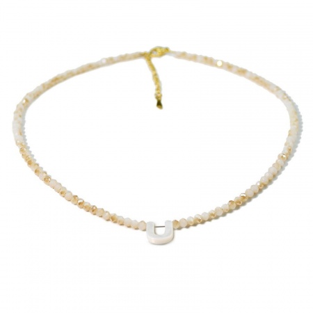 Picture of Wholesale Capital Alphabet Initial Letter Message " U " Creamy-White Natural Shell Beaded Pendant Charm Necklace, 18K Gold Plated 304 Stainless Steel & Quartz Crystal, Women's Eco-friendly Exquisite Dainty Gift Jewelry For Retailer 38cm(15") + 5cm(2") long, 1 Piece