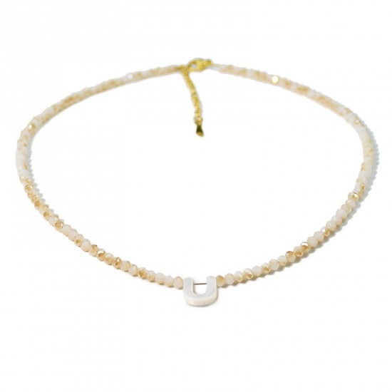 Picture of Wholesale Capital Alphabet Initial Letter Message " U " Creamy-White Natural Shell Beaded Pendant Charm Necklace, 18K Gold Plated 304 Stainless Steel & Quartz Crystal, Women's Eco-friendly Exquisite Dainty Gift Jewelry For Retailer 38cm(15") + 5cm(2") long, 1 Piece