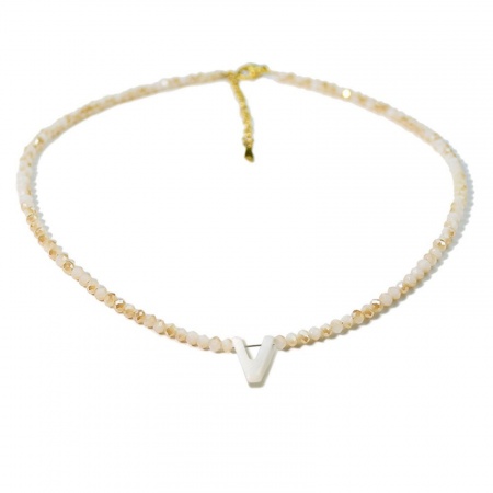 Picture of Wholesale Capital Alphabet Initial Letter Message " V " Creamy-White Natural Shell Beaded Pendant Charm Necklace, 18K Gold Plated 304 Stainless Steel & Quartz Crystal, Women's Eco-friendly Exquisite Dainty Gift Jewelry For Retailer 38cm(15") + 5cm(2") long, 1 Piece