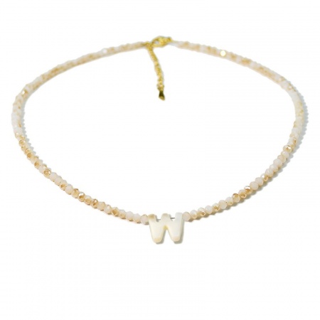 Picture of Wholesale Capital Alphabet Initial Letter Message " W " Creamy-White Natural Shell Beaded Pendant Charm Necklace, 18K Gold Plated 304 Stainless Steel & Quartz Crystal, Women's Eco-friendly Exquisite Dainty Gift Jewelry For Retailer 38cm(15") + 5cm(2") long, 1 Piece
