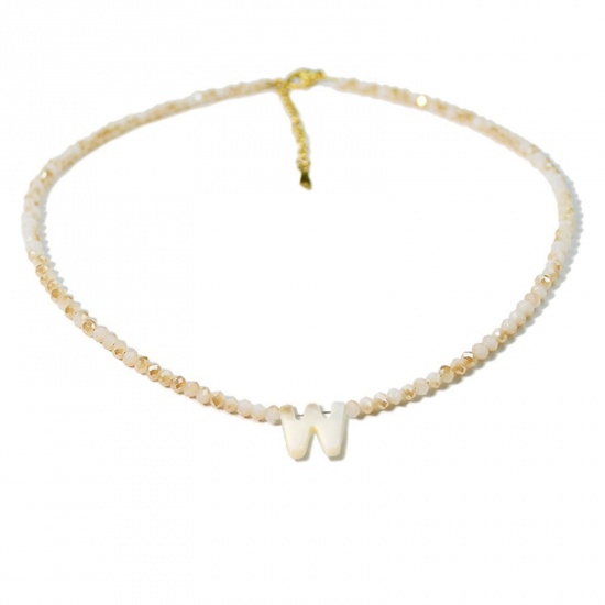 Picture of Wholesale Capital Alphabet Initial Letter Message " W " Creamy-White Natural Shell Beaded Pendant Charm Necklace, 18K Gold Plated 304 Stainless Steel & Quartz Crystal, Women's Eco-friendly Exquisite Dainty Gift Jewelry For Retailer 38cm(15") + 5cm(2") long, 1 Piece