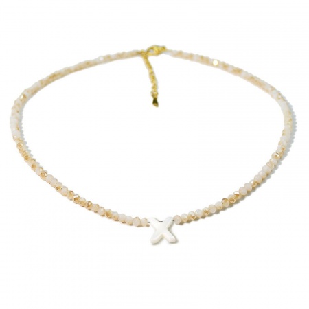 Picture of Wholesale Capital Alphabet Initial Letter Message " X " Creamy-White Natural Shell Beaded Pendant Charm Necklace, 18K Gold Plated 304 Stainless Steel & Quartz Crystal, Women's Eco-friendly Exquisite Dainty Gift Jewelry For Retailer 38cm(15") + 5cm(2") long, 1 Piece