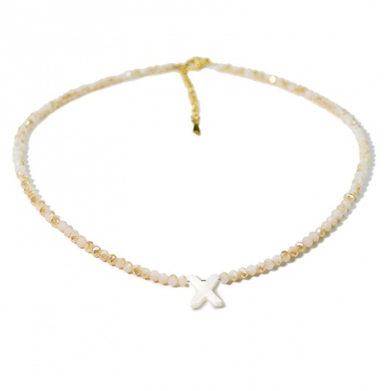 Picture of Wholesale Capital Alphabet Initial Letter Message " X " Creamy-White Natural Shell Beaded Pendant Charm Necklace, 18K Gold Plated 304 Stainless Steel & Quartz Crystal, Women's Eco-friendly Exquisite Dainty Gift Jewelry For Retailer 38cm(15") + 5cm(2") long, 1 Piece