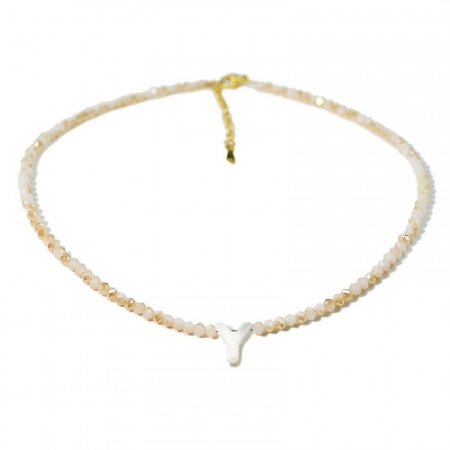 Picture of Wholesale Capital Alphabet Initial Letter Message " Y " Creamy-White Natural Shell Beaded Pendant Charm Necklace, 18K Gold Plated 304 Stainless Steel & Quartz Crystal, Women's Eco-friendly Exquisite Dainty Gift Jewelry For Retailer 38cm(15") + 5cm(2") long, 1 Piece