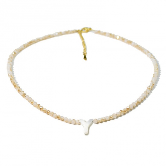 Picture of Wholesale Capital Alphabet Initial Letter Message " Y " Creamy-White Natural Shell Beaded Pendant Charm Necklace, 18K Gold Plated 304 Stainless Steel & Quartz Crystal, Women's Eco-friendly Exquisite Dainty Gift Jewelry For Retailer 38cm(15") + 5cm(2") long, 1 Piece