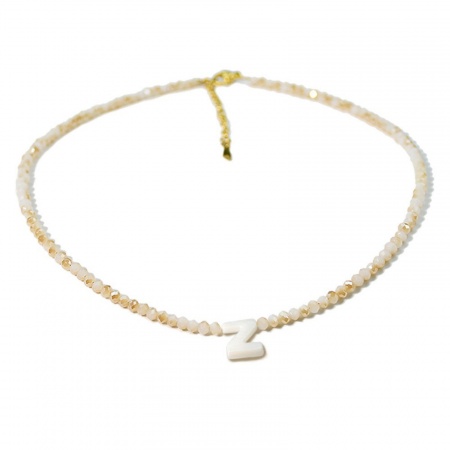 Picture of Wholesale Capital Alphabet Initial Letter Message " Z " Creamy-White Natural Shell Beaded Pendant Charm Necklace, 18K Gold Plated 304 Stainless Steel & Quartz Crystal, Women's Eco-friendly Exquisite Dainty Gift Jewelry For Retailer 38cm(15") + 5cm(2") long, 1 Piece