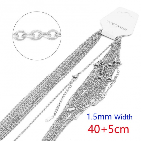 Picture of Wholesale Link Cable Chain Necklace, Silver Tone 304 Stainless Steel, Women's Eco-friendly Stylish Simple & Casual Gift Jewelry For Retailer 40cm(15.7") + 5cm(2") long, Chain Size: 1.5mm, 10 PCs
