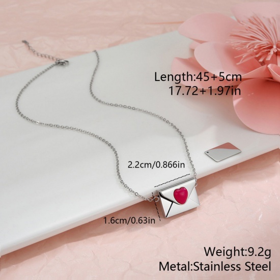 Picture of Wholesale Envelope Heart Customize Engraving Supported Pendant Charm Necklace, Silver Tone 304 Stainless Steel Link Cable Chain, Women's Eco-friendly Creative Stylish Valentine's Day Jewelry For Retailer, 45cm(17.7") + 5cm(2") long, 1 Piece