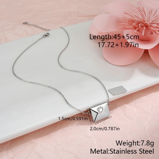 Picture of Wholesale Envelope Heart Customize Engraving Supported Pendant Charm Necklace, Silver Tone 304 Stainless Steel Link Cable Chain, Women's Eco-friendly Creative Stylish Valentine's Day Jewelry For Retailer, 45cm(17.7") + 5cm(2") long, 1 Piece