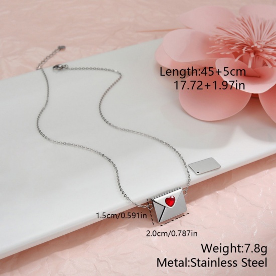 Picture of Wholesale Envelope Heart Customize Engraving Supported Pendant Charm Necklace, Silver Tone 304 Stainless Steel Link Cable Chain, Women's Eco-friendly Creative Stylish Valentine's Day Jewelry For Retailer, 45cm(17.7") + 5cm(2") long, 1 Piece