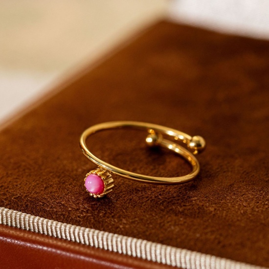 Picture of Wholesale Women's Gift Fuchsia Open Adjustable Rings, 18K Gold Plated 304 Stainless Steel & Natural Shell, Eco-friendly Stylish Dainty Jewelry Supply 20mm(US Size 10.25), 1 Piece
