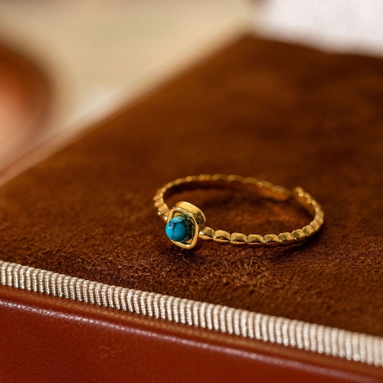 Picture of Wholesale Women's Gift Blue Open Adjustable Rings, 18K Gold Plated 304 Stainless Steel & Gemstone, Eco-friendly Stylish Dainty Jewelry Supply 20mm(US Size 10.25), 1 Piece