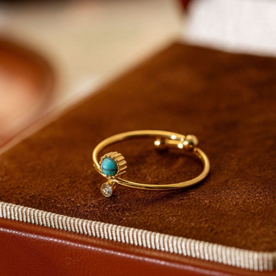 Picture of Wholesale Women's Gift Green Blue Open Adjustable Rings, 18K Gold Plated 304 Stainless Steel & Gemstone, Eco-friendly Stylish Dainty Jewelry Supply 20mm(US Size 10.25), 1 Piece
