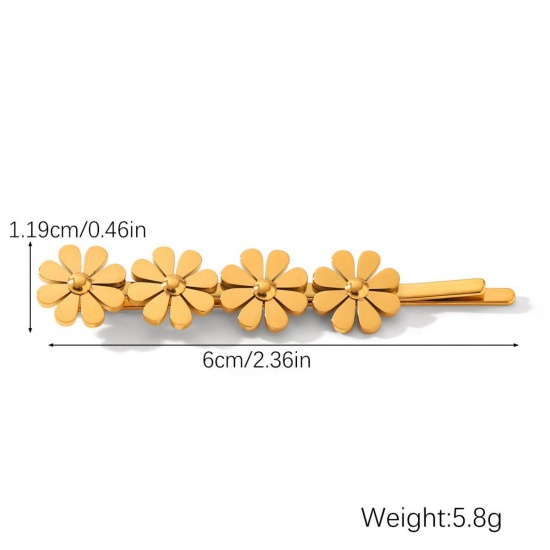 Picture of Wholesale Flower Hair Clips, 18K Gold Plated 304 Stainless Steel Women's Eco-friendly PVD Vacuum Plating Ins Style Dainty Gift Jewelry For Retailer 6cm x 1.2cm, 1 Piece