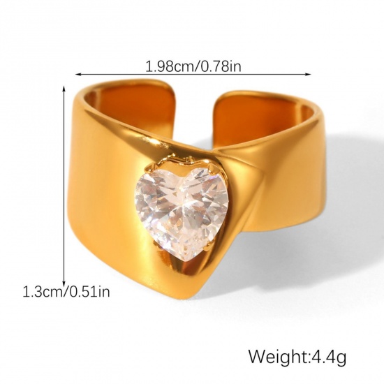 Immagine di All'Ingrosso Donne Regalo Cuore Trasparente Circonio Cubico Anello, Placcato Oro 18K 304 Acciaio Inossidabile, Placcatura Sottovuoto PVD Ecologica San Valentino Elegante Fornitura di Gioielli 19.8mm (taglia di US: 10), 1 Pz