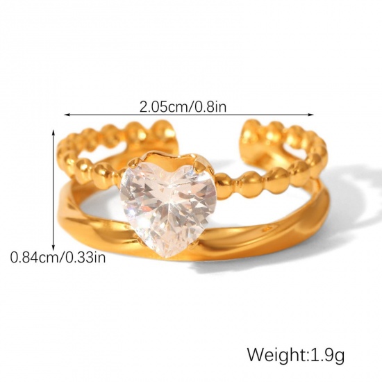 Immagine di All'Ingrosso Donne Regalo Cuore Trasparente Circonio Cubico Anello, Placcato Oro 18K 304 Acciaio Inossidabile, Placcatura Sottovuoto PVD Ecologica San Valentino Elegante Fornitura di Gioielli 20.5mm (taglia di US: 10.75), 1 Pz