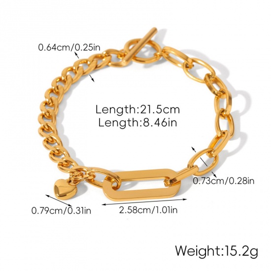 Immagine di All'Ingrosso Cuore 304 Acciaio Inossidabile Catena a Maglia Cubana Braccialetti, Placcato Oro 18K Placcatura Sottovuoto PVD Ecologica, Donne Stile Ins Retrò Regalo Fornitura di Gioielli 21.5cm Lunghezza, 1 Pz