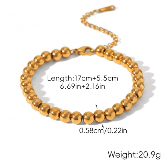 Immagine di All'Ingrosso 304 Acciaio Inossidabile Catena a Maglia Fatta a Mano Braccialetti con Perline, Placcato Oro 18K Placcatura Sottovuoto PVD Ecologica, Donne Stile Ins Retrò Regalo Fornitura di Gioielli 17cm Lunghezza, 1 Pz