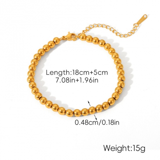 Immagine di All'Ingrosso 304 Acciaio Inossidabile Catena a Maglia Fatta a Mano Braccialetti con Perline, Placcato Oro 18K Placcatura Sottovuoto PVD Ecologica, Donne Stile Ins Retrò Regalo Fornitura di Gioielli 18cm Lunghezza, 1 Pz