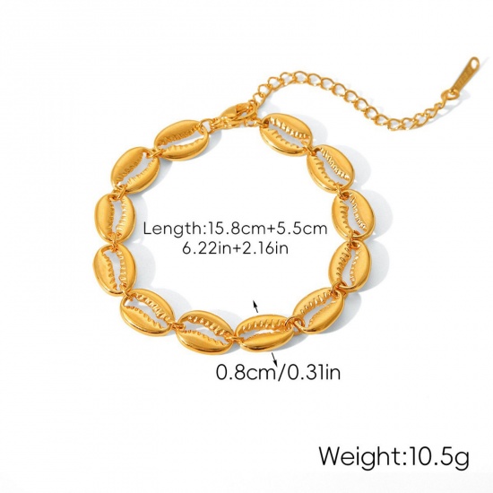 Immagine di All'Ingrosso Conchiglia 304 Acciaio Inossidabile Catena a Maglia Fatta a Mano Braccialetti, Placcato Oro 18K Placcatura Sottovuoto PVD Ecologica, Donne Stile Ins Retrò Regalo Fornitura di Gioielli 15.9cm Lunghezza, 1 Pz