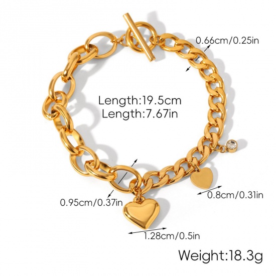 Immagine di All'Ingrosso Cuore 304 Acciaio Inossidabile Catena a Maglia Cubana Braccialetti, Placcato Oro 18K Placcatura Sottovuoto PVD Ecologica, Donne Stile Ins Retrò Regalo Fornitura di Gioielli 19.5cm Lunghezza, 1 Pz
