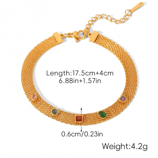 Immagine di All'Ingrosso Multicolore Strass 304 Acciaio Inossidabile Catena Braccialetti, Placcato Oro 18K Placcatura Sottovuoto PVD Ecologica, Donne Stile Ins Retrò Regalo Fornitura di Gioielli 17.5cm Lunghezza, 1 Pz