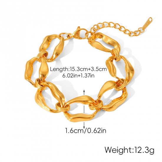 Immagine di All'Ingrosso 304 Acciaio Inossidabile Catena a Maglia Fatta a Mano Braccialetti, Placcato Oro 18K Placcatura Sottovuoto PVD Ecologica, Donne Stile Ins Retrò Regalo Fornitura di Gioielli 15.3cm Lunghezza, 1 Pz