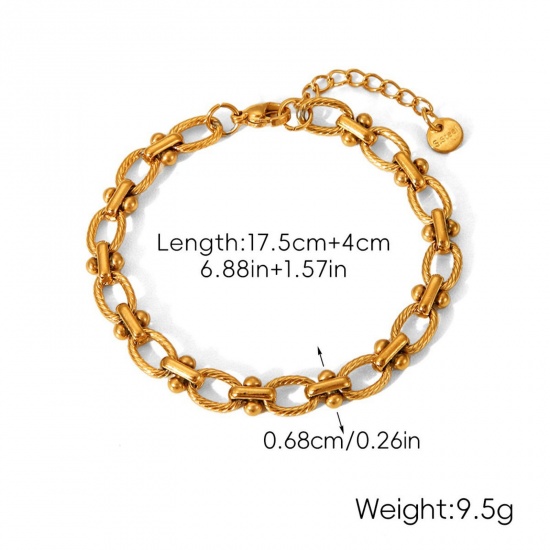 Immagine di All'Ingrosso 304 Acciaio Inossidabile Catena a Maglia Fatta a Mano Braccialetti, Placcato Oro 18K Placcatura Sottovuoto PVD Ecologica, Donne Stile Ins Retrò Regalo Fornitura di Gioielli 17.5cm Lunghezza, 1 Pz
