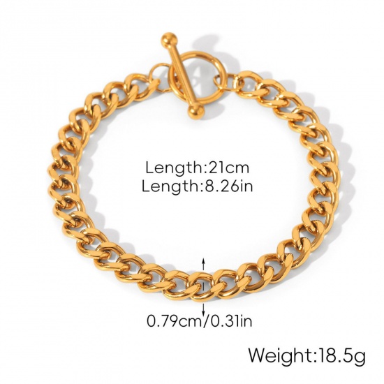 Immagine di All'Ingrosso 304 Acciaio Inossidabile Catena a Maglia Cubana Braccialetti, Placcato Oro 18K Placcatura Sottovuoto PVD Ecologica, Donne Stile Ins Retrò Regalo Fornitura di Gioielli 21cm Lunghezza, 1 Pz