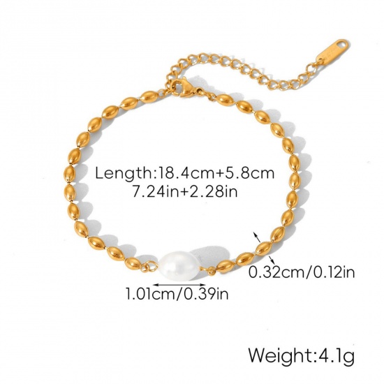 Immagine di All'Ingrosso Imitata Perla 304 Acciaio Inossidabile Catena a Pallini Braccialetti, Placcato Oro 18K Placcatura Sottovuoto PVD Ecologica, Donne Stile Ins Retrò Regalo Fornitura di Gioielli 18.4cm Lunghezza, 1 Pz