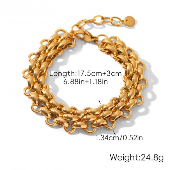 Immagine di All'Ingrosso 304 Acciaio Inossidabile Catena a Maglia Fatta a Mano Braccialetti, Placcato Oro 18K Placcatura Sottovuoto PVD Ecologica, Donne Stile Ins Retrò Regalo Fornitura di Gioielli 17.5cm Lunghezza, 1 Pz