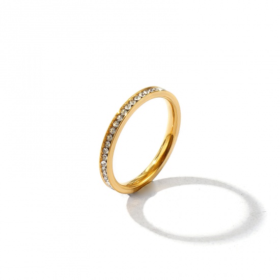Picture of Wholesale Women's Gift Clear Rhinestone Unadjustable Eternity Rings, 18K Gold Plated 201 Stainless Steel, Vacuum Plating Exquisite Minimalist Jewelry Supply, 18.1mm(US Size 8), 1 Piece