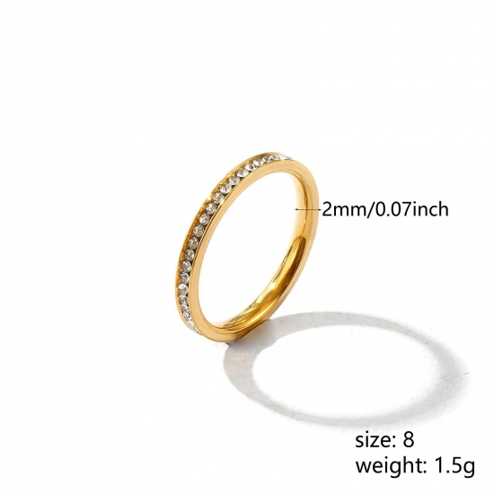 Picture of Wholesale Women's Gift Clear Rhinestone Unadjustable Eternity Rings, 18K Gold Plated 201 Stainless Steel, Vacuum Plating Exquisite Minimalist Jewelry Supply, 18.1mm(US Size 8), 1 Piece