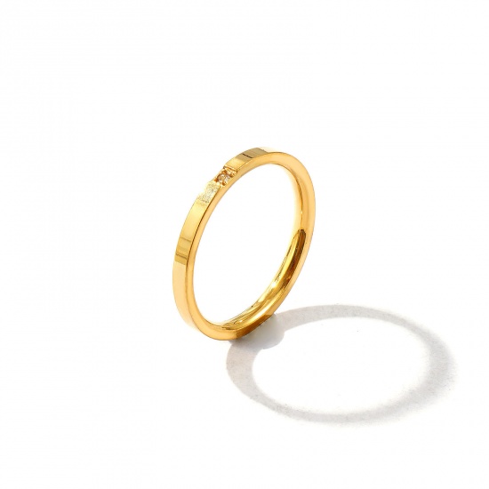 Picture of Wholesale Women's Gift Clear Rhinestone Unadjustable Rings, 18K Gold Plated 201 Stainless Steel, Vacuum Plating Exquisite Minimalist Jewelry Supply, 18.1mm(US Size 8), 1 Piece