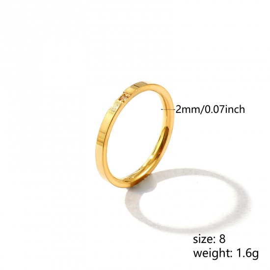 Picture of Wholesale Women's Gift Clear Rhinestone Unadjustable Rings, 18K Gold Plated 201 Stainless Steel, Vacuum Plating Exquisite Minimalist Jewelry Supply, 18.1mm(US Size 8), 1 Piece