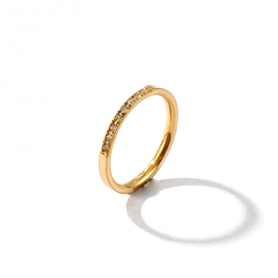 Picture of Wholesale Women's Gift Clear Rhinestone Unadjustable Rings, 18K Gold Plated 201 Stainless Steel, Vacuum Plating Exquisite Minimalist Jewelry Supply, 18.1mm(US Size 8), 1 Piece