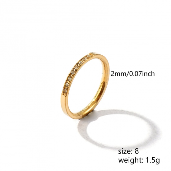Picture of Wholesale Women's Gift Clear Rhinestone Unadjustable Rings, 18K Gold Plated 201 Stainless Steel, Vacuum Plating Exquisite Minimalist Jewelry Supply, 18.1mm(US Size 8), 1 Piece