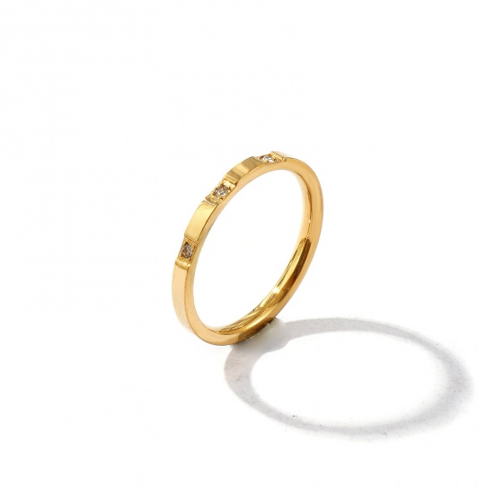Picture of Wholesale Women's Gift Clear Rhinestone Unadjustable Rings, 18K Gold Plated 201 Stainless Steel, Vacuum Plating Exquisite Minimalist Jewelry Supply, 18.1mm(US Size 8), 1 Piece