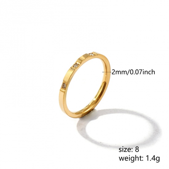 Picture of Wholesale Women's Gift Clear Rhinestone Unadjustable Rings, 18K Gold Plated 201 Stainless Steel, Vacuum Plating Exquisite Minimalist Jewelry Supply, 18.1mm(US Size 8), 1 Piece