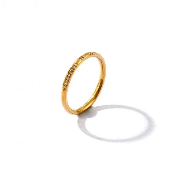 Picture of Wholesale Women's Gift Clear Rhinestone Unadjustable Rings, 18K Gold Plated 201 Stainless Steel, Vacuum Plating Exquisite Minimalist Jewelry Supply, 18.1mm(US Size 8), 1 Piece