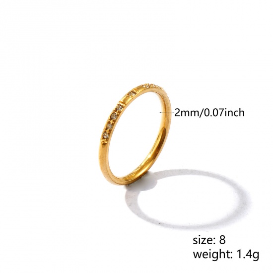 Picture of Wholesale Women's Gift Clear Rhinestone Unadjustable Rings, 18K Gold Plated 201 Stainless Steel, Vacuum Plating Exquisite Minimalist Jewelry Supply, 18.1mm(US Size 8), 1 Piece