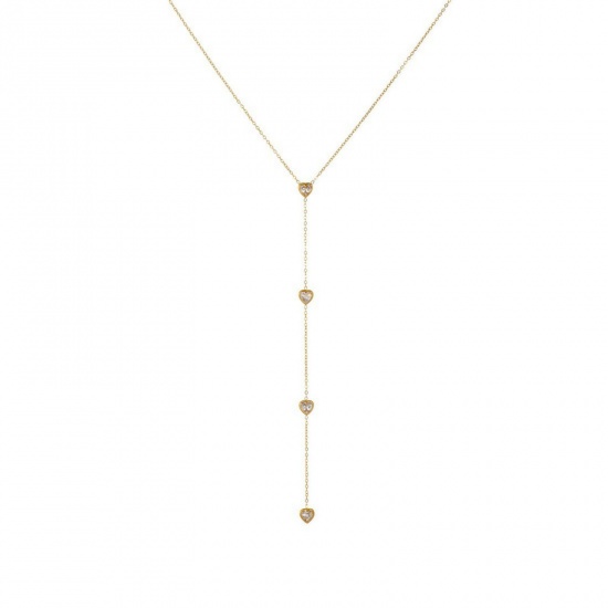 Picture of Wholesale Heart Tassel Pendant Charm Necklace, 18K Gold Plated 304 Stainless Steel & Rhinestone Women's Vacuum Plating Stylish Dainty Gift Jewelry For Retailer 41cm(16.1") + 5.5cm(2.2") long, 1 Piece