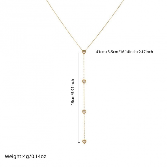 Picture of Wholesale Heart Tassel Pendant Charm Necklace, 18K Gold Plated 304 Stainless Steel & Rhinestone Women's Vacuum Plating Stylish Dainty Gift Jewelry For Retailer 41cm(16.1") + 5.5cm(2.2") long, 1 Piece