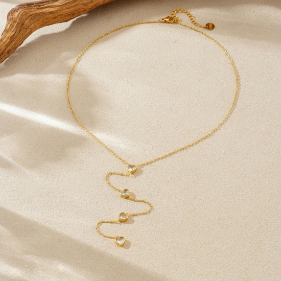Picture of Wholesale Heart Tassel Pendant Charm Necklace, 18K Gold Plated 304 Stainless Steel & Rhinestone Women's Vacuum Plating Stylish Dainty Gift Jewelry For Retailer 41cm(16.1") + 5.5cm(2.2") long, 1 Piece