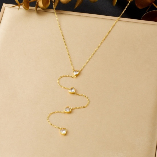 Picture of Wholesale Heart Tassel Pendant Charm Necklace, 18K Gold Plated 304 Stainless Steel & Rhinestone Women's Vacuum Plating Stylish Dainty Gift Jewelry For Retailer 41cm(16.1") + 5.5cm(2.2") long, 1 Piece