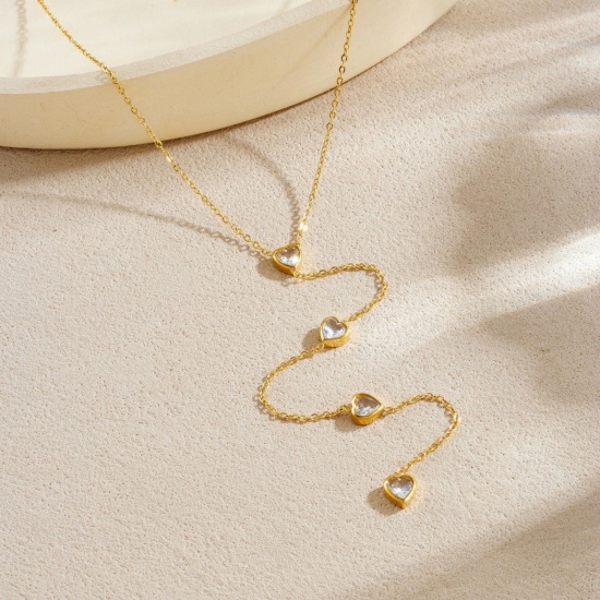 Picture of Wholesale Heart Tassel Pendant Charm Necklace, 18K Gold Plated 304 Stainless Steel & Rhinestone Women's Vacuum Plating Stylish Dainty Gift Jewelry For Retailer 41cm(16.1") + 5.5cm(2.2") long, 1 Piece