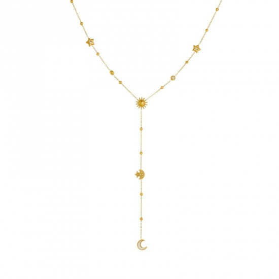 Picture of Wholesale Sun & Moon Tassel Pendant Charm Necklace, 18K Gold Plated 304 Stainless Steel Women's Vacuum Plating Stylish Dainty Gift Jewelry For Retailer 40cm(15.7") + 6cm(2.4") long, 1 Piece