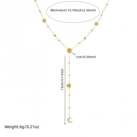 Picture of Wholesale Sun & Moon Tassel Pendant Charm Necklace, 18K Gold Plated 304 Stainless Steel Women's Vacuum Plating Stylish Dainty Gift Jewelry For Retailer 40cm(15.7") + 6cm(2.4") long, 1 Piece